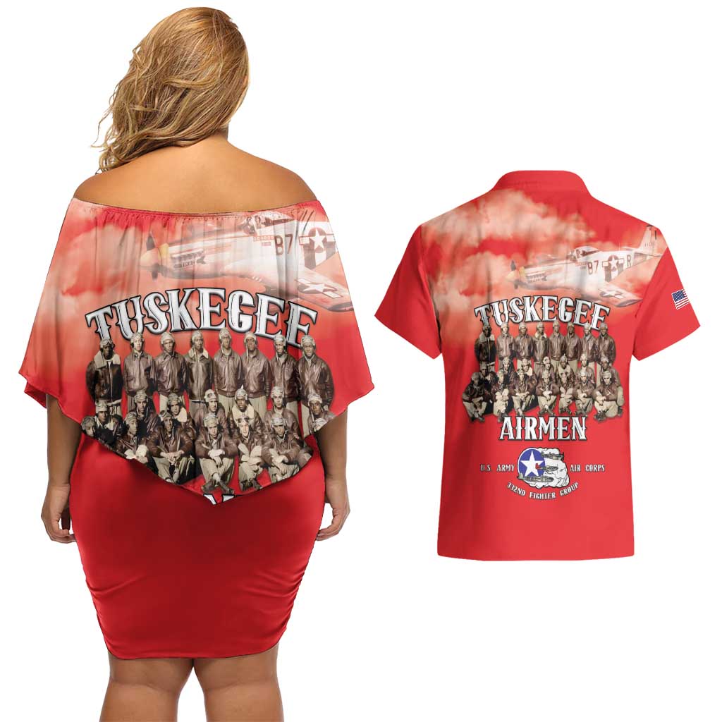 Remembering Tuskegee Airmen Couples Matching Off Shoulder Short Dress and Hawaiian Shirt Heroes of the 332nd Squadron Red Art - Wonder Print Shop