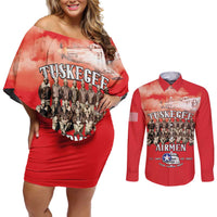 Remembering Tuskegee Airmen Couples Matching Off Shoulder Short Dress and Long Sleeve Button Shirt Heroes of the 332nd Squadron Red Art - Wonder Print Shop