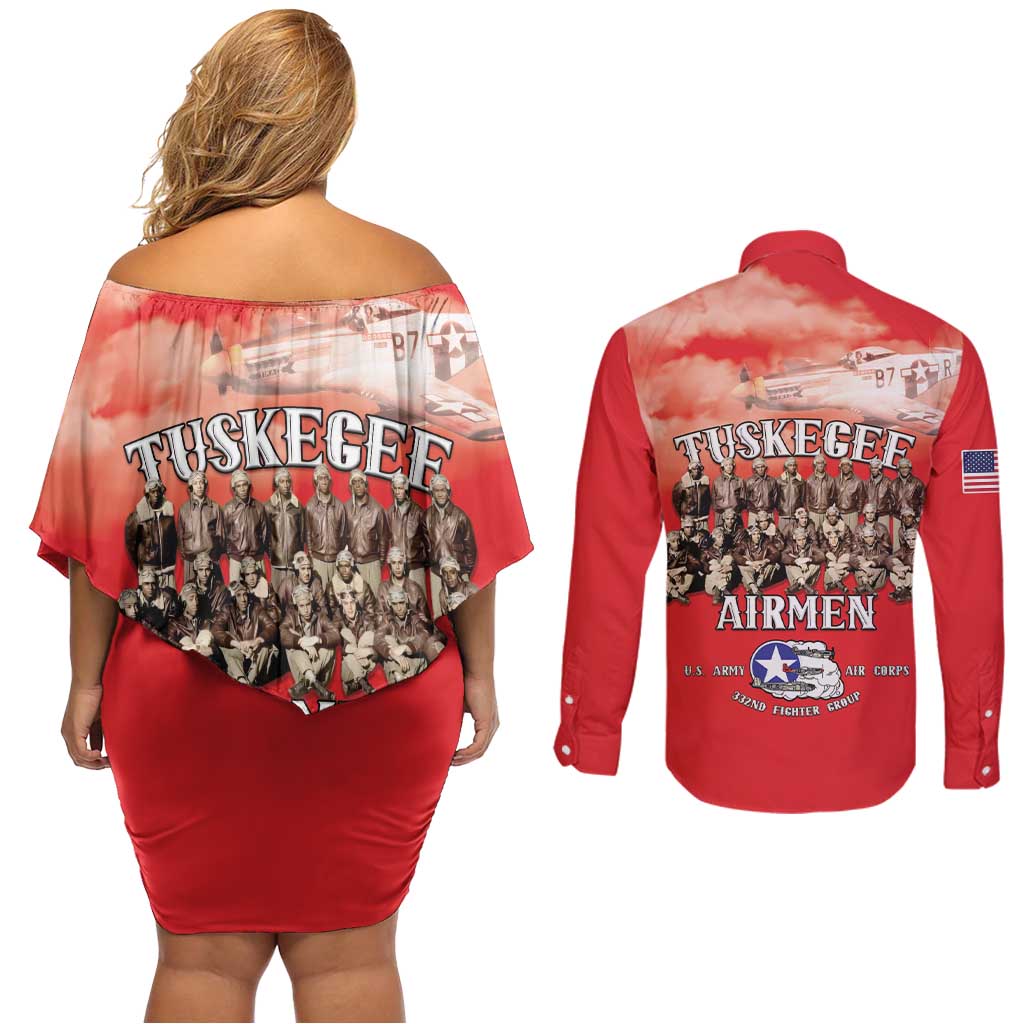 Remembering Tuskegee Airmen Couples Matching Off Shoulder Short Dress and Long Sleeve Button Shirt Heroes of the 332nd Squadron Red Art - Wonder Print Shop