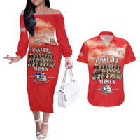 Remembering Tuskegee Airmen Couples Matching Off The Shoulder Long Sleeve Dress and Hawaiian Shirt Heroes of the 332nd Squadron Red Art - Wonder Print Shop