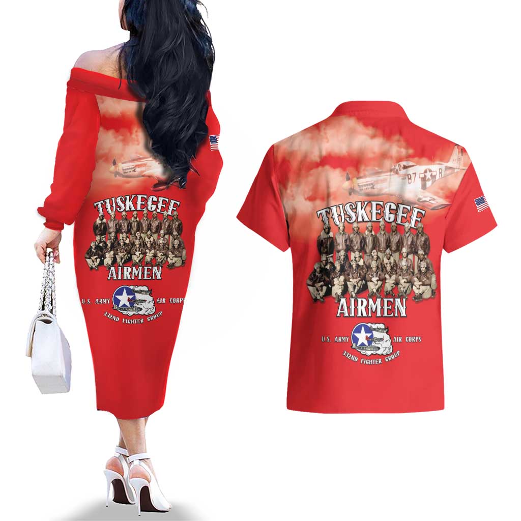 Remembering Tuskegee Airmen Couples Matching Off The Shoulder Long Sleeve Dress and Hawaiian Shirt Heroes of the 332nd Squadron Red Art - Wonder Print Shop