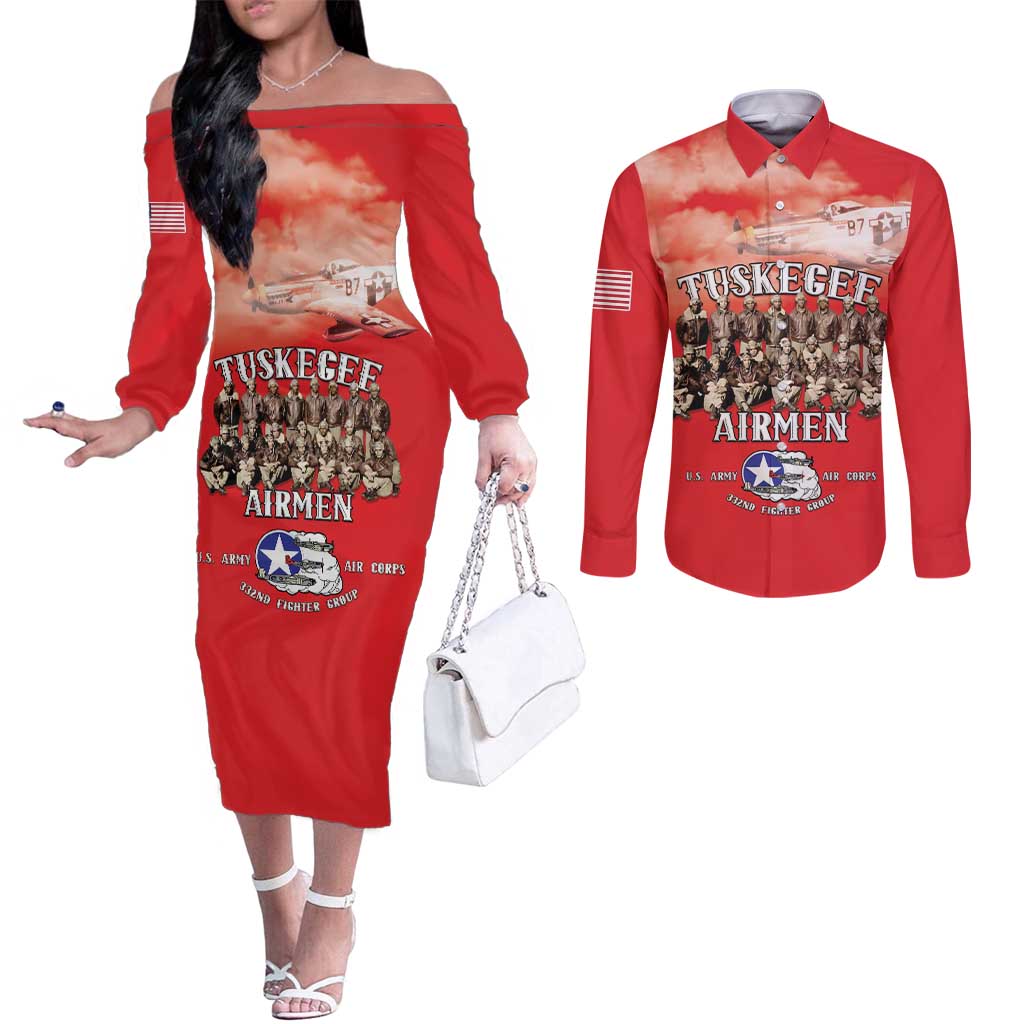 Remembering Tuskegee Airmen Couples Matching Off The Shoulder Long Sleeve Dress and Long Sleeve Button Shirt Heroes of the 332nd Squadron Red Art - Wonder Print Shop