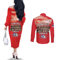 Remembering Tuskegee Airmen Couples Matching Off The Shoulder Long Sleeve Dress and Long Sleeve Button Shirt Heroes of the 332nd Squadron Red Art - Wonder Print Shop
