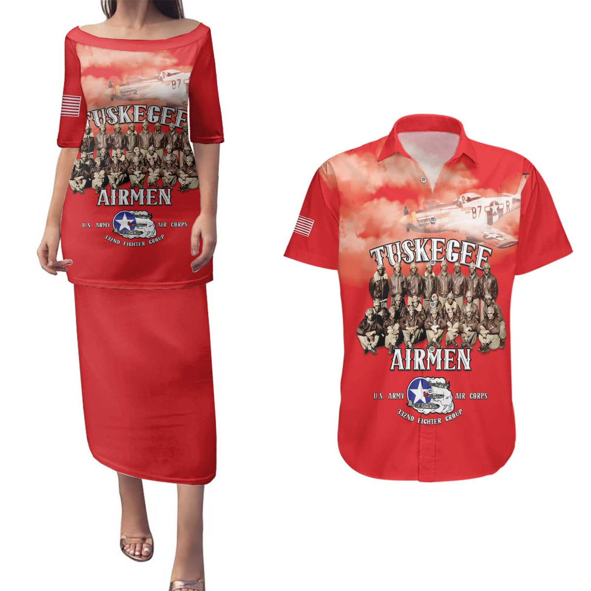 Remembering Tuskegee Airmen Couples Matching Puletasi and Hawaiian Shirt Heroes of the 332nd Squadron Red Art - Wonder Print Shop