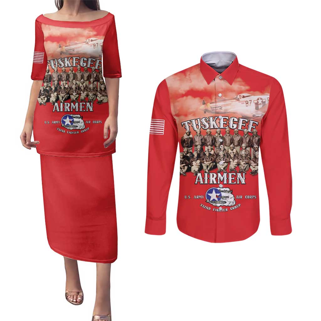 Remembering Tuskegee Airmen Couples Matching Puletasi and Long Sleeve Button Shirt Heroes of the 332nd Squadron Red Art - Wonder Print Shop