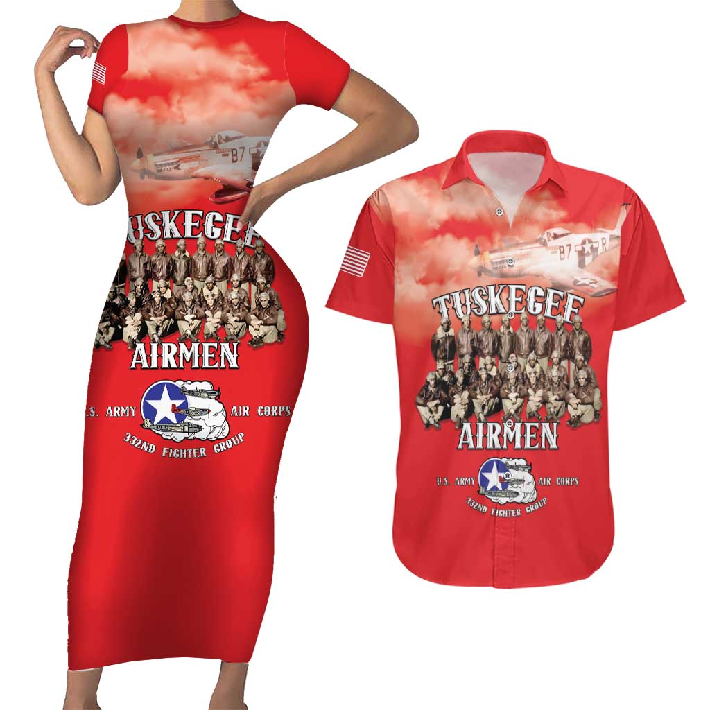 Remembering Tuskegee Airmen Couples Matching Short Sleeve Bodycon Dress and Hawaiian Shirt Heroes of the 332nd Squadron Red Art - Wonder Print Shop