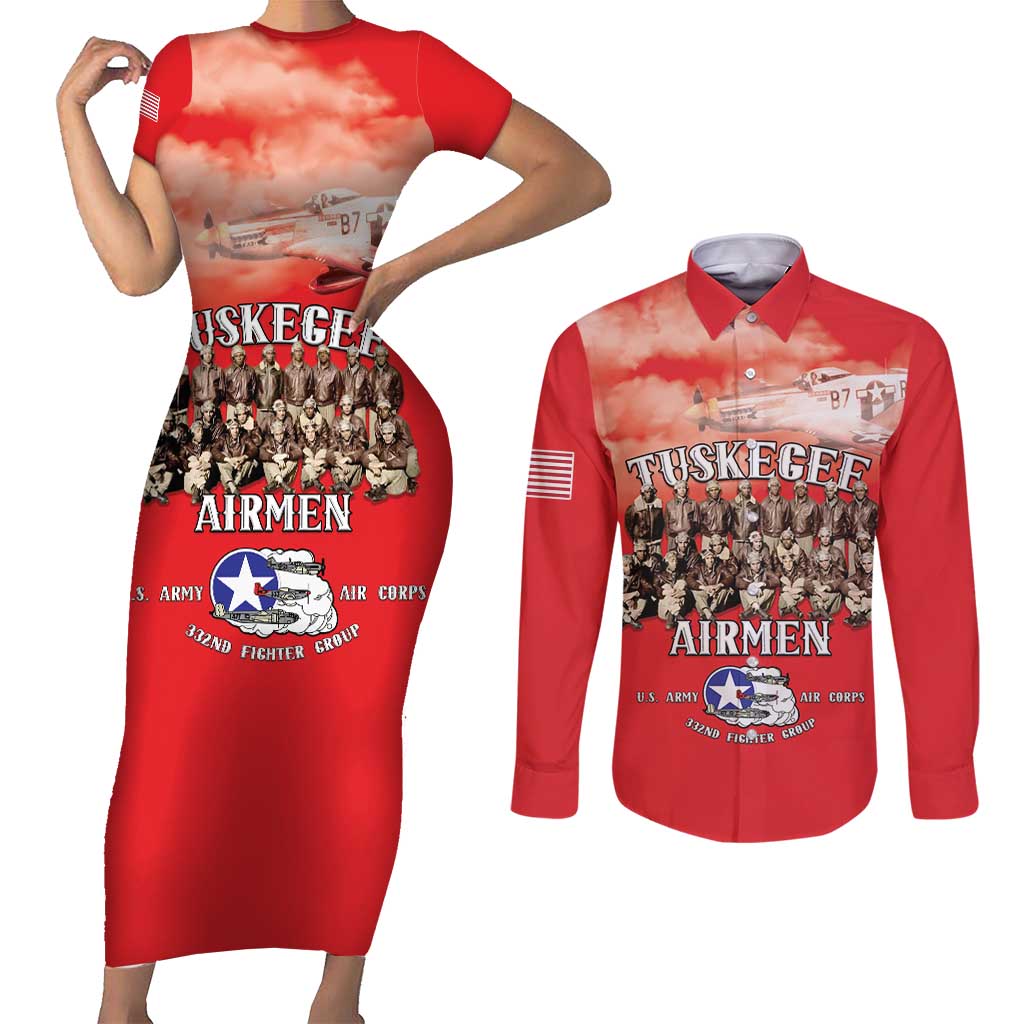 Remembering Tuskegee Airmen Couples Matching Short Sleeve Bodycon Dress and Long Sleeve Button Shirt Heroes of the 332nd Squadron Red Art - Wonder Print Shop