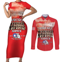 Remembering Tuskegee Airmen Couples Matching Short Sleeve Bodycon Dress and Long Sleeve Button Shirt Heroes of the 332nd Squadron Red Art - Wonder Print Shop
