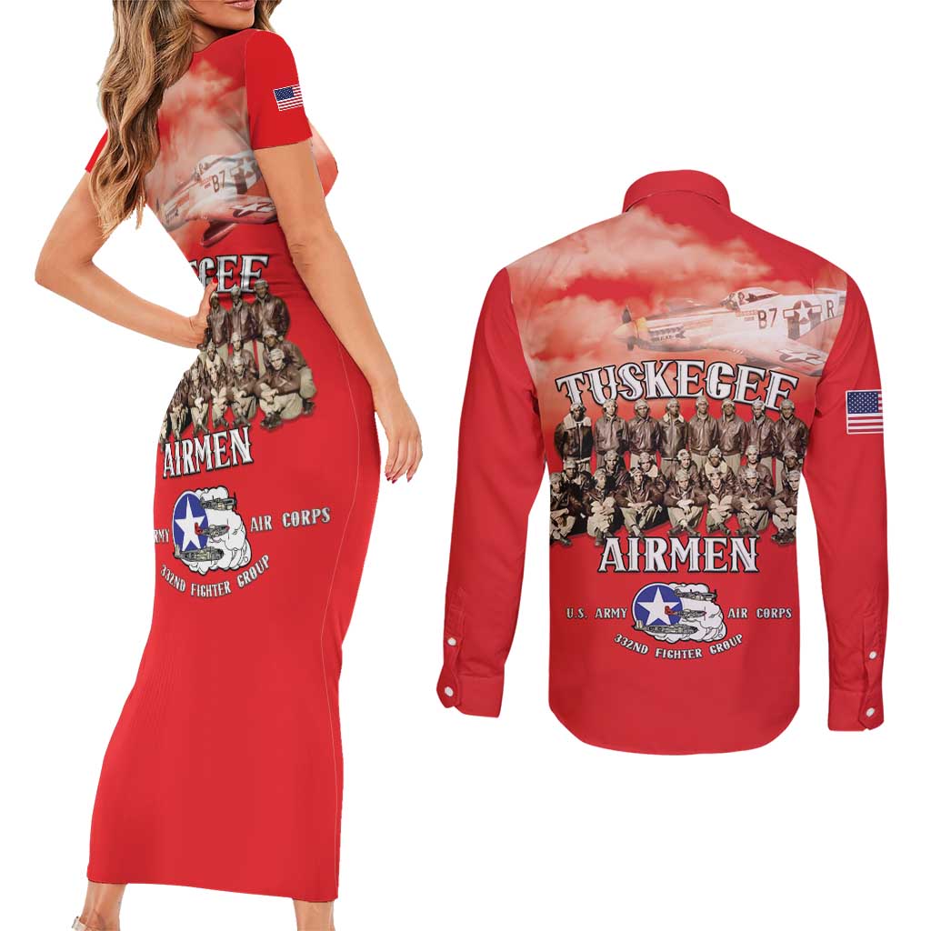 Remembering Tuskegee Airmen Couples Matching Short Sleeve Bodycon Dress and Long Sleeve Button Shirt Heroes of the 332nd Squadron Red Art - Wonder Print Shop