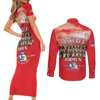 Remembering Tuskegee Airmen Couples Matching Short Sleeve Bodycon Dress and Long Sleeve Button Shirt Heroes of the 332nd Squadron Red Art - Wonder Print Shop