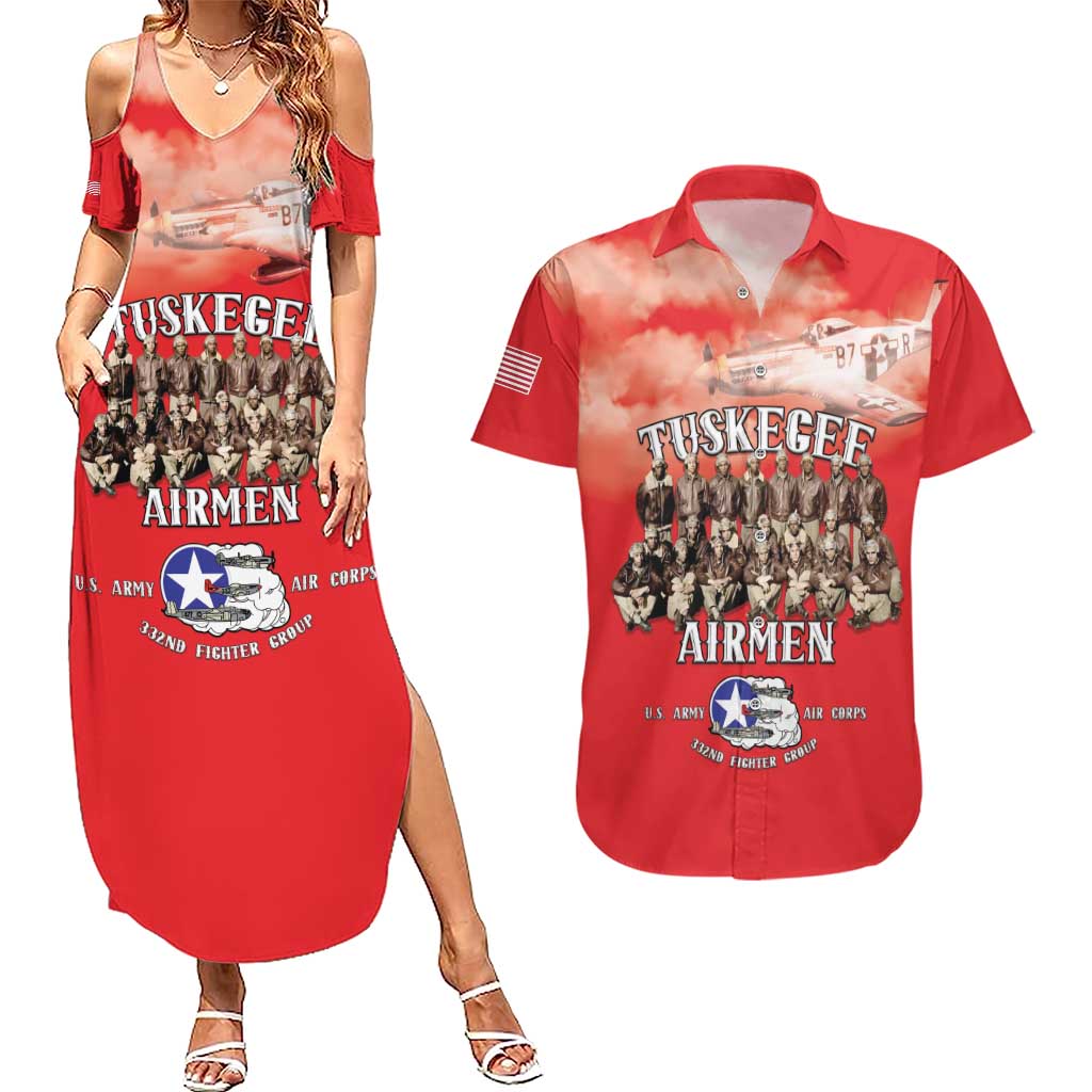 Remembering Tuskegee Airmen Couples Matching Summer Maxi Dress and Hawaiian Shirt Heroes of the 332nd Squadron Red Art - Wonder Print Shop