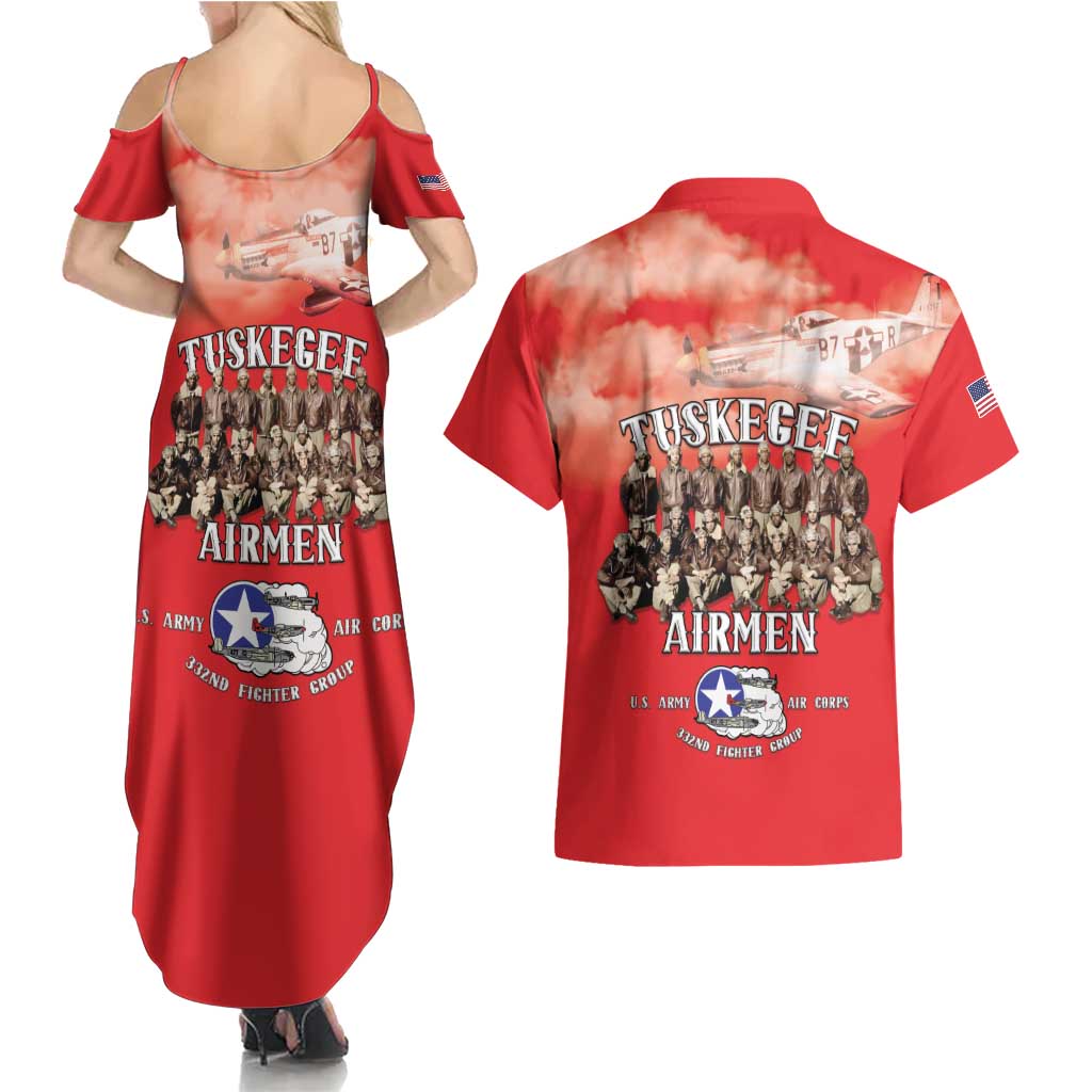 Remembering Tuskegee Airmen Couples Matching Summer Maxi Dress and Hawaiian Shirt Heroes of the 332nd Squadron Red Art - Wonder Print Shop