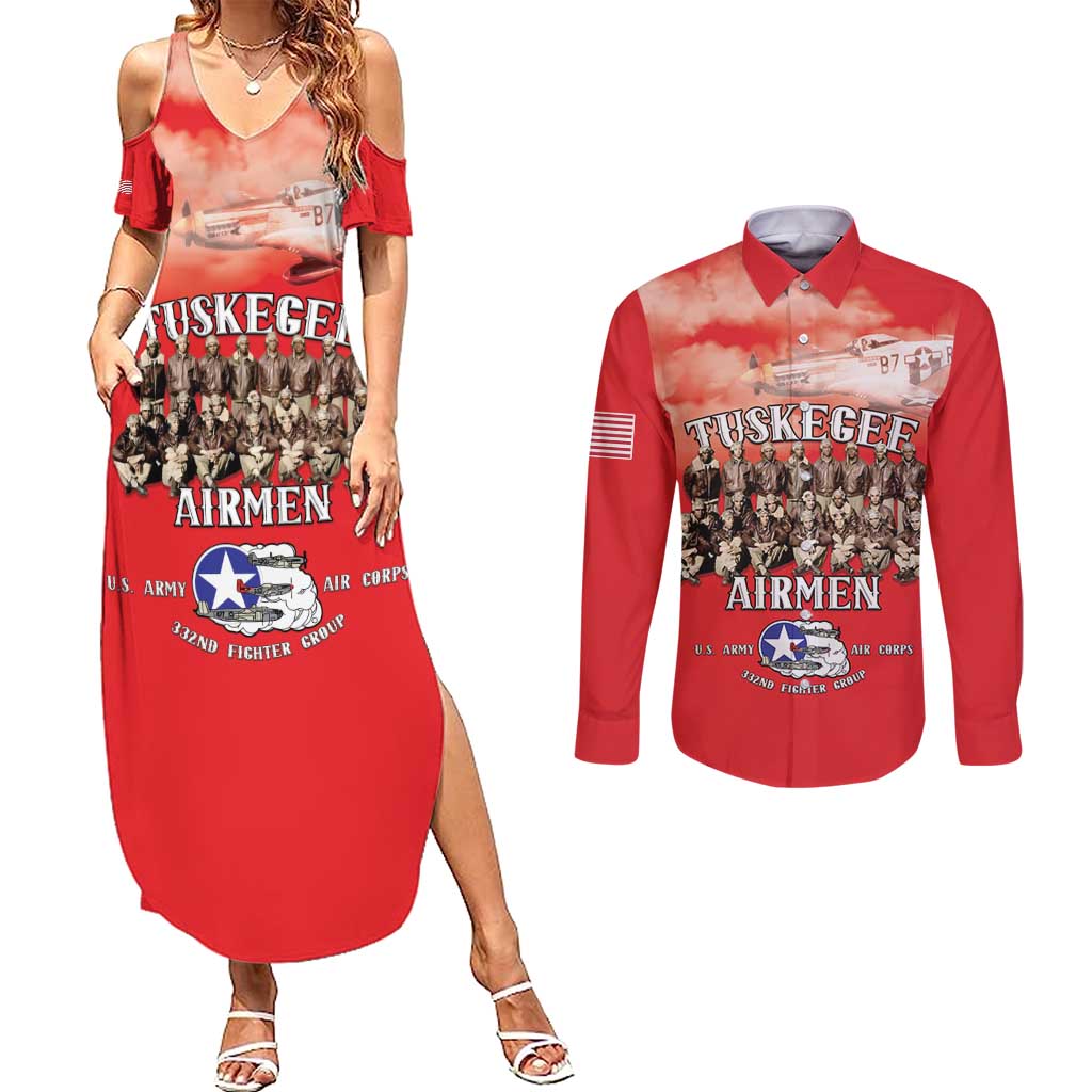 Remembering Tuskegee Airmen Couples Matching Summer Maxi Dress and Long Sleeve Button Shirt Heroes of the 332nd Squadron Red Art - Wonder Print Shop