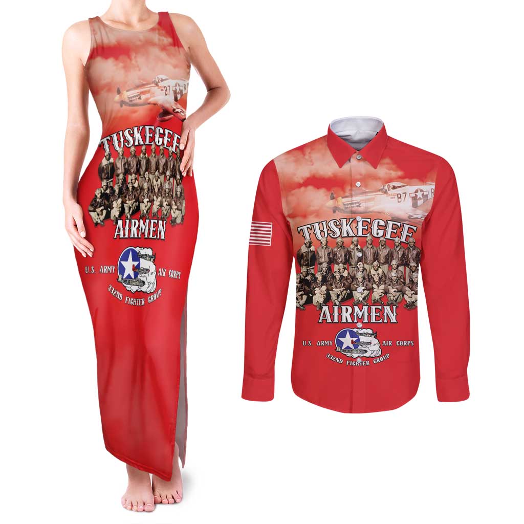 Remembering Tuskegee Airmen Couples Matching Tank Maxi Dress and Long Sleeve Button Shirt Heroes of the 332nd Squadron Red Art - Wonder Print Shop