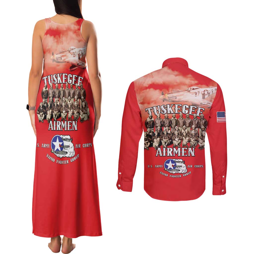 Remembering Tuskegee Airmen Couples Matching Tank Maxi Dress and Long Sleeve Button Shirt Heroes of the 332nd Squadron Red Art - Wonder Print Shop