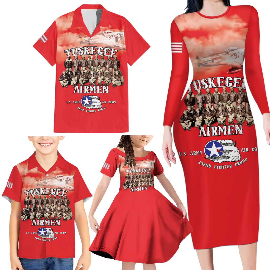 Remembering Tuskegee Airmen Family Matching Long Sleeve Bodycon Dress and Hawaiian Shirt Heroes of the 332nd Squadron Red Art - Wonder Print Shop