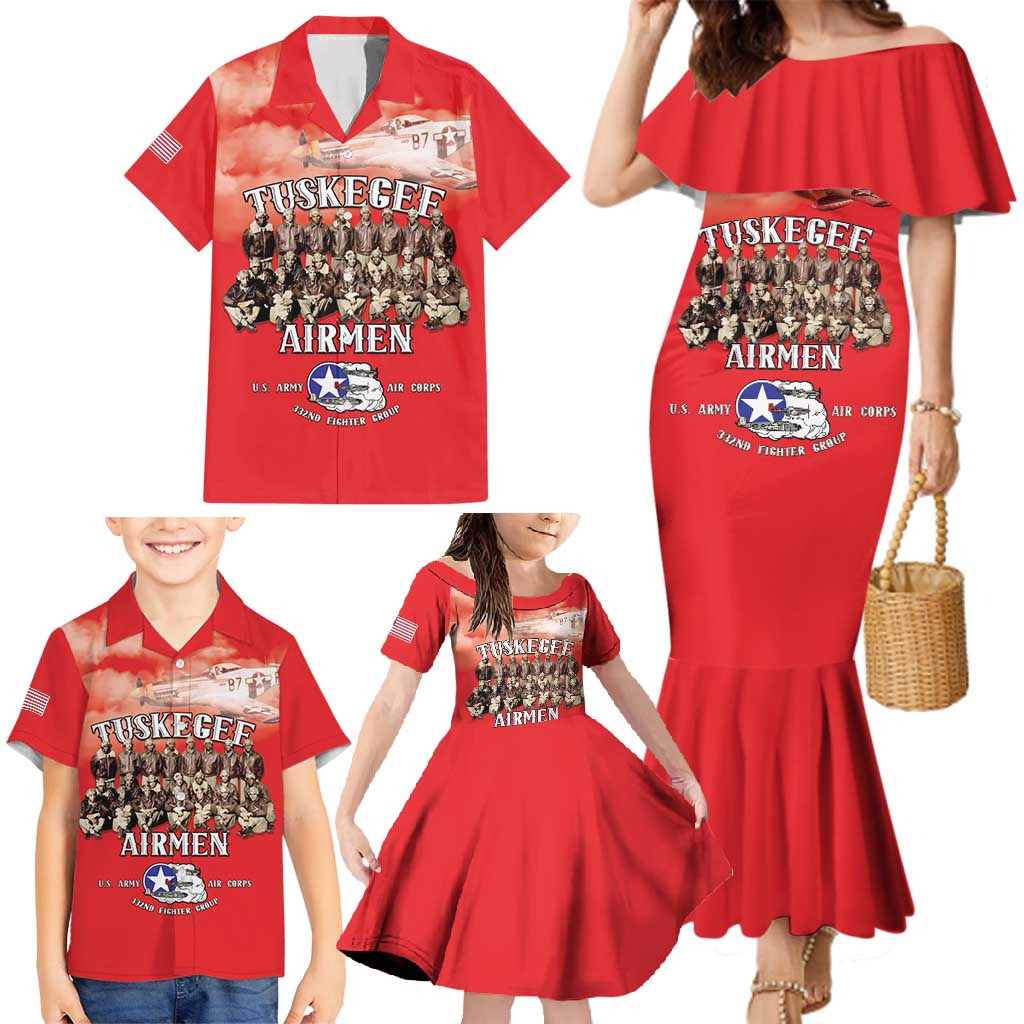 Remembering Tuskegee Airmen Family Matching Mermaid Dress and Hawaiian Shirt Heroes of the 332nd Squadron Red Art - Wonder Print Shop