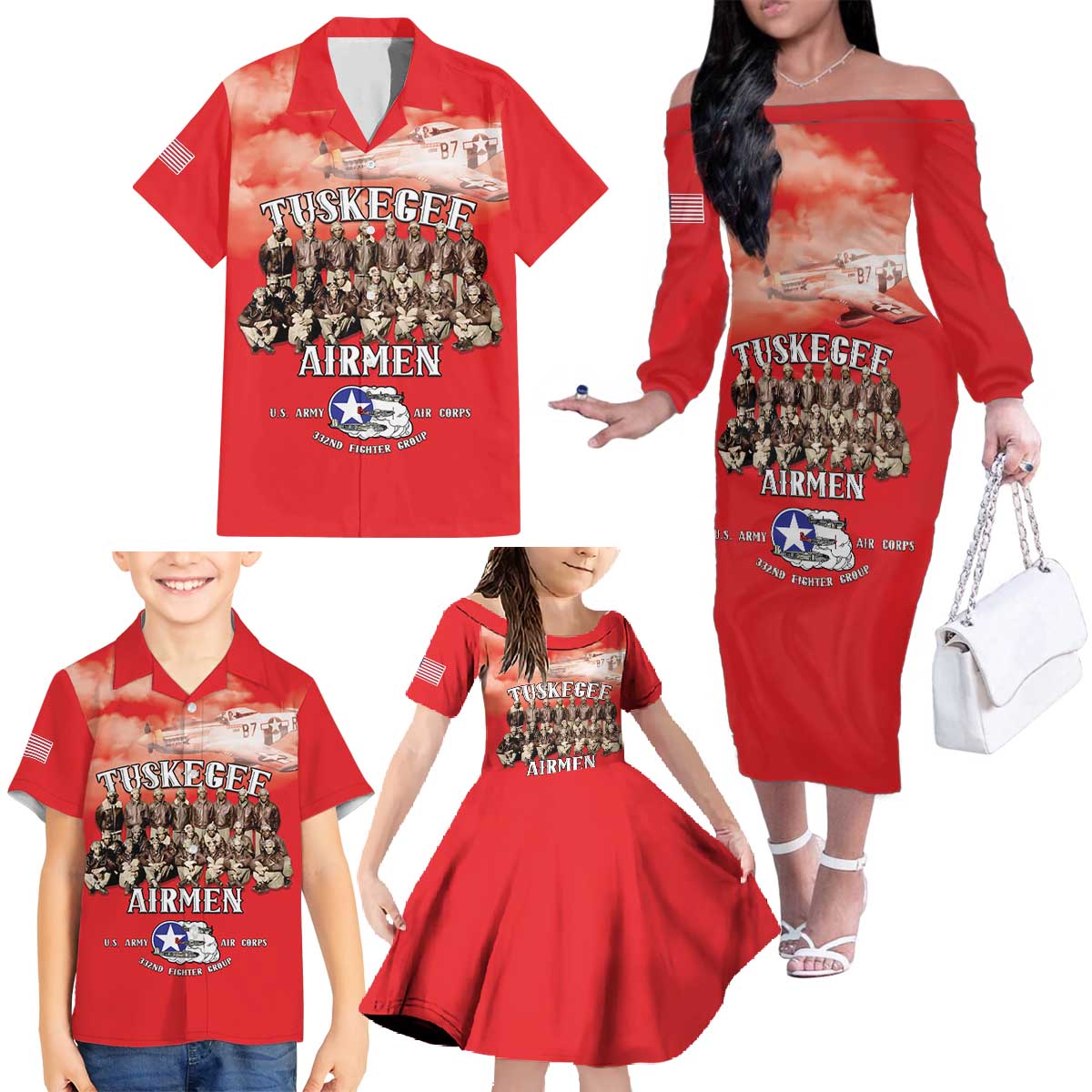 Remembering Tuskegee Airmen Family Matching Off The Shoulder Long Sleeve Dress and Hawaiian Shirt Heroes of the 332nd Squadron Red Art - Wonder Print Shop