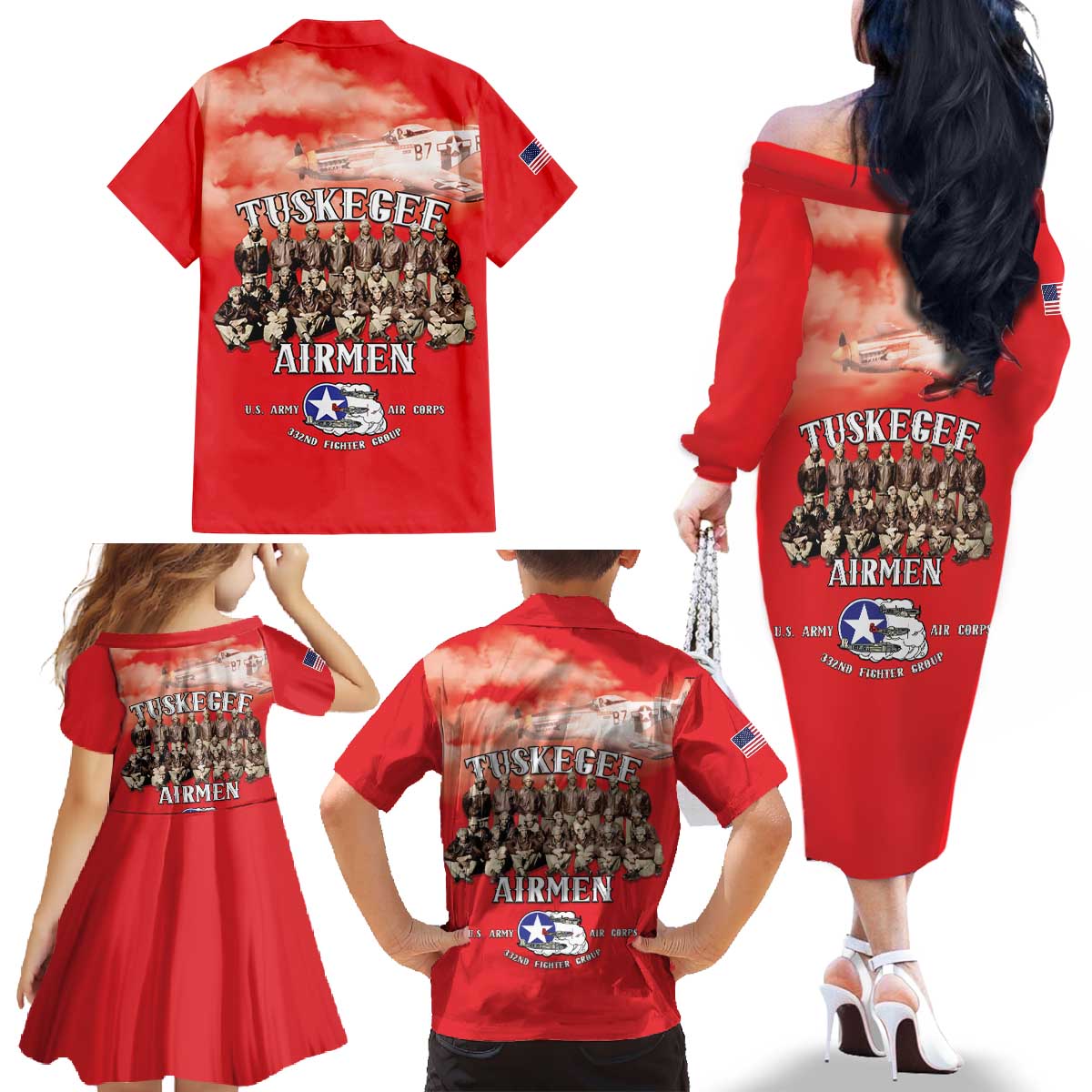 Remembering Tuskegee Airmen Family Matching Off The Shoulder Long Sleeve Dress and Hawaiian Shirt Heroes of the 332nd Squadron Red Art - Wonder Print Shop