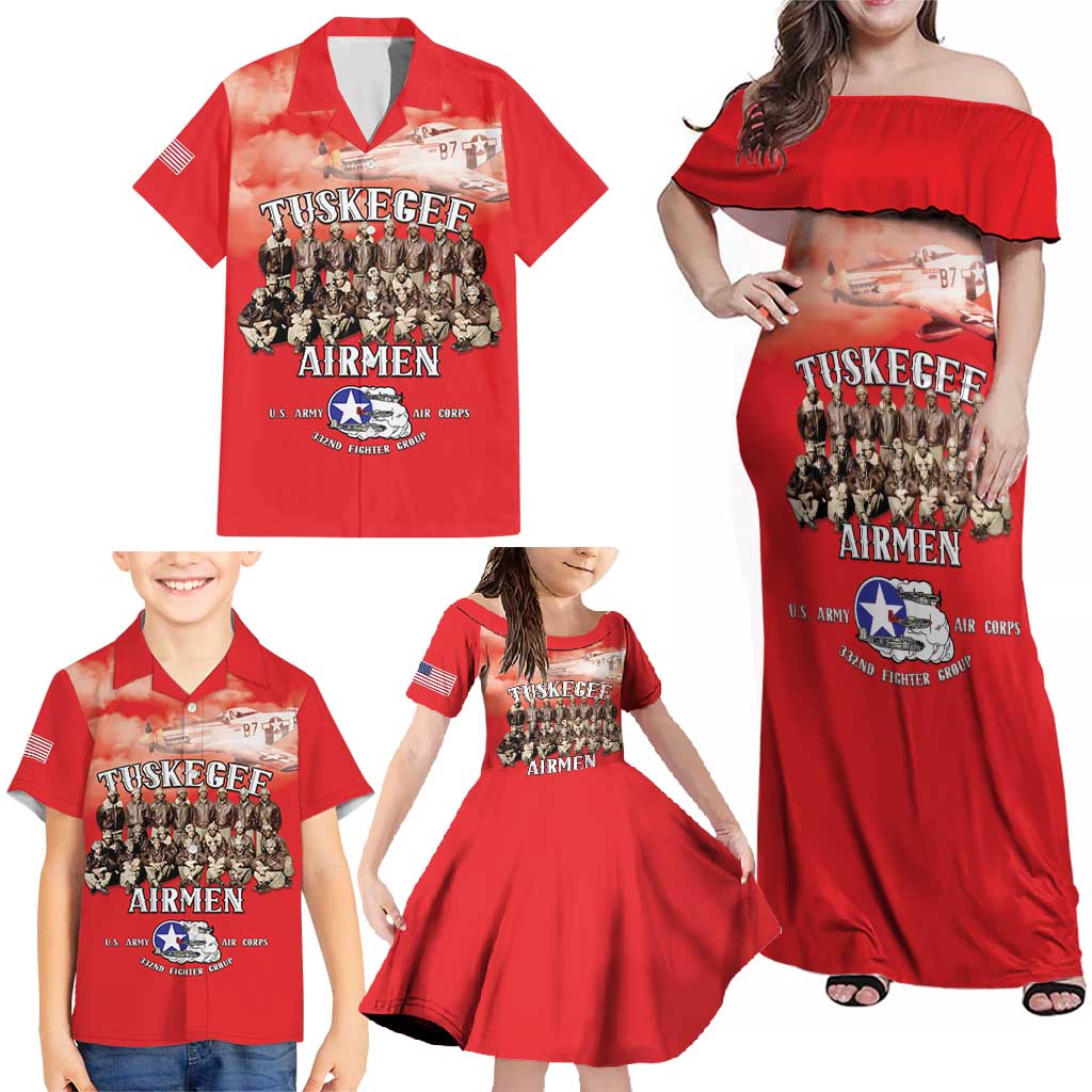 Remembering Tuskegee Airmen Family Matching Off Shoulder Maxi Dress and Hawaiian Shirt Heroes of the 332nd Squadron Red Art - Wonder Print Shop