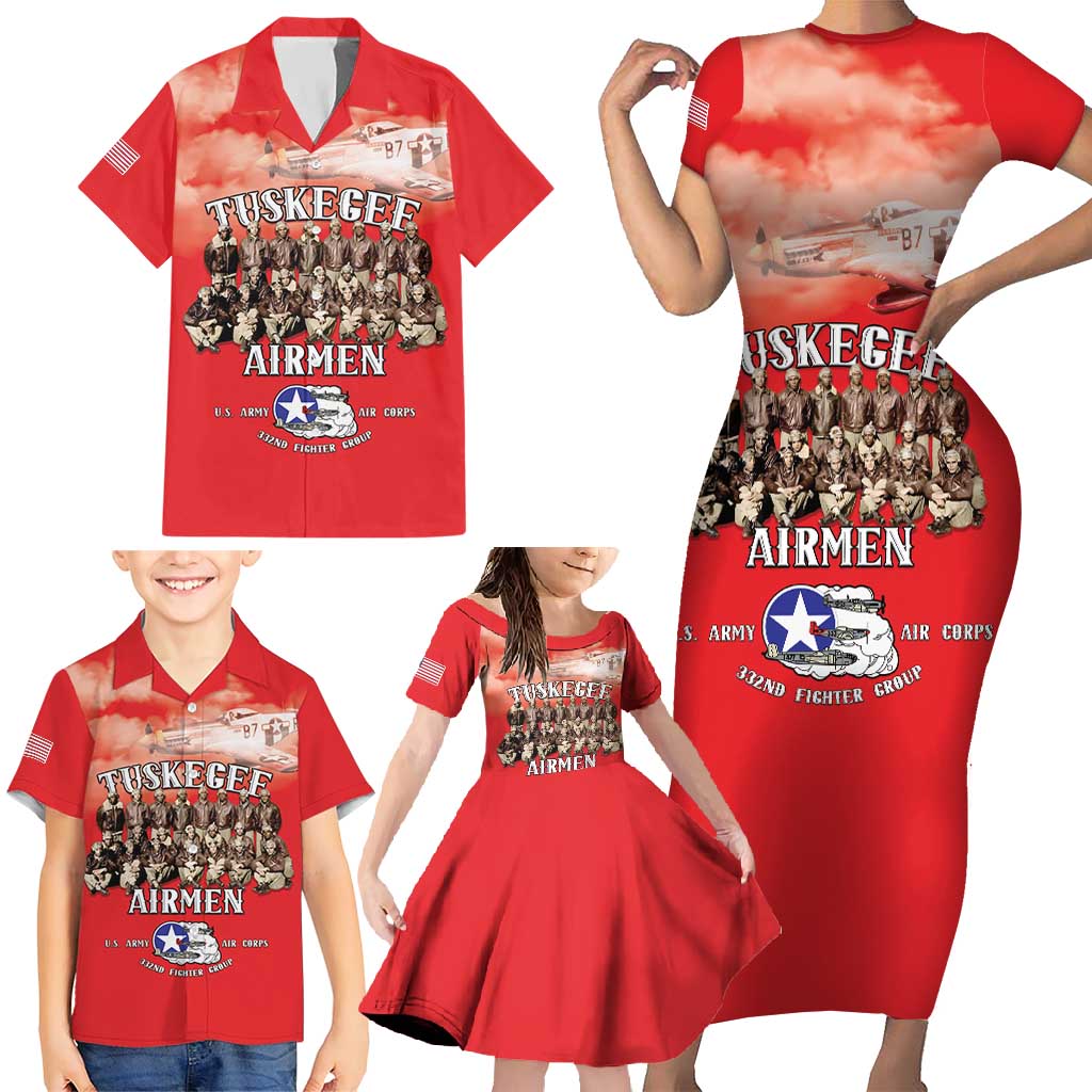 Remembering Tuskegee Airmen Family Matching Short Sleeve Bodycon Dress and Hawaiian Shirt Heroes of the 332nd Squadron Red Art - Wonder Print Shop