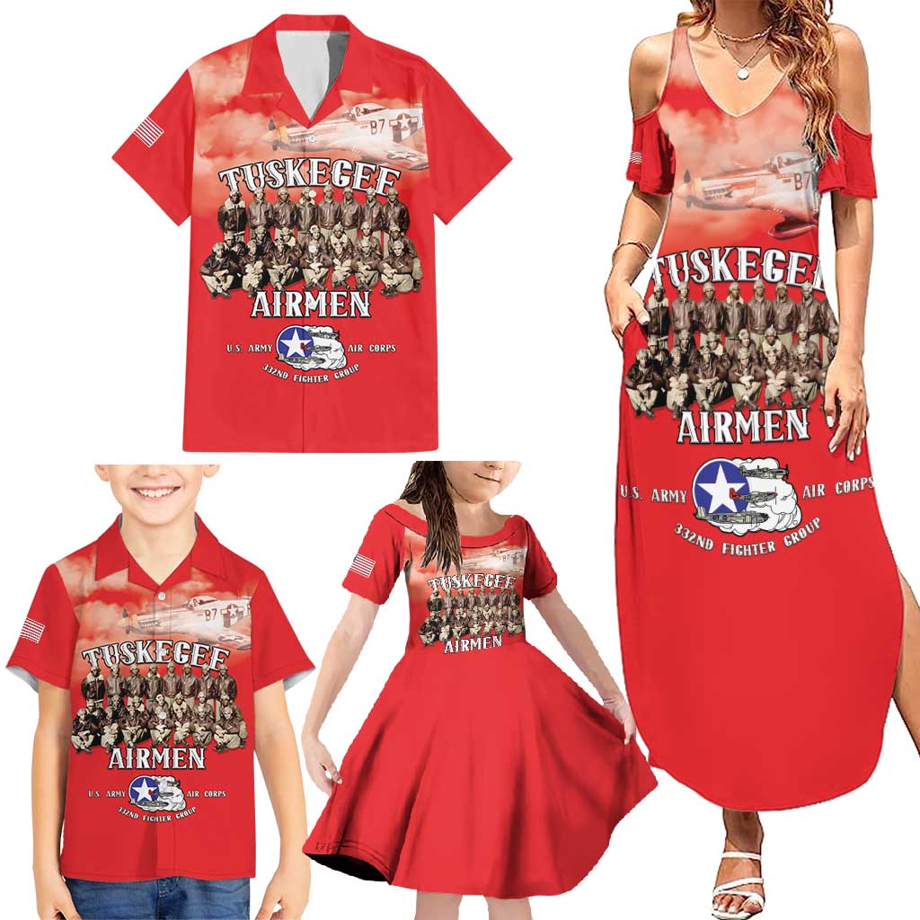 Remembering Tuskegee Airmen Family Matching Summer Maxi Dress and Hawaiian Shirt Heroes of the 332nd Squadron Red Art - Wonder Print Shop