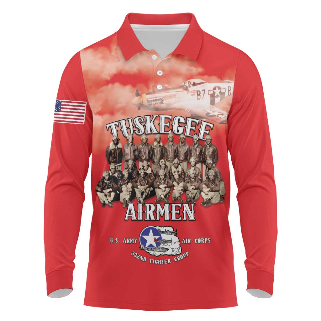 Remembering Tuskegee Airmen Long Sleeve Polo Shirt Heroes of the 332nd Squadron Red Art - Wonder Print Shop