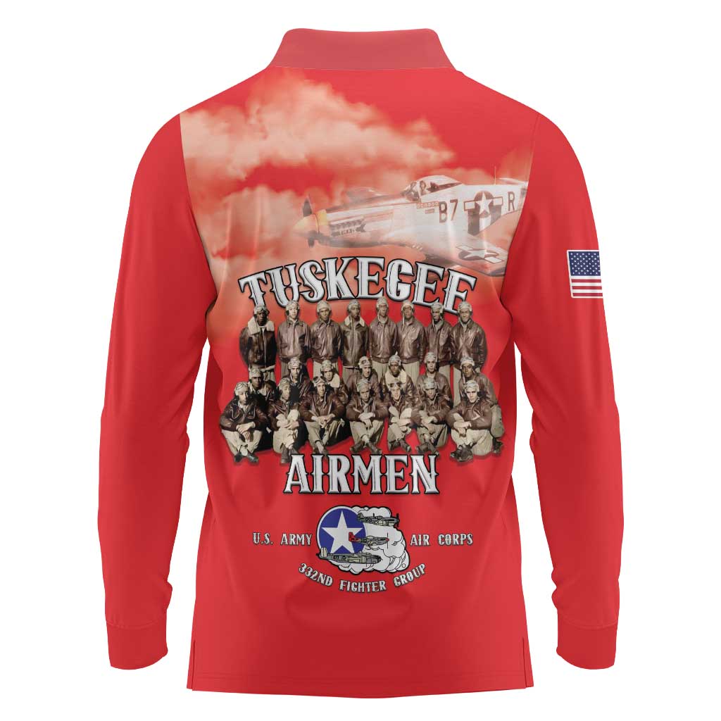 Remembering Tuskegee Airmen Long Sleeve Polo Shirt Heroes of the 332nd Squadron Red Art - Wonder Print Shop