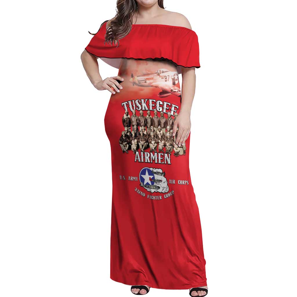 Remembering Tuskegee Airmen Off Shoulder Maxi Dress Heroes of the 332nd Squadron Red Art - Wonder Print Shop