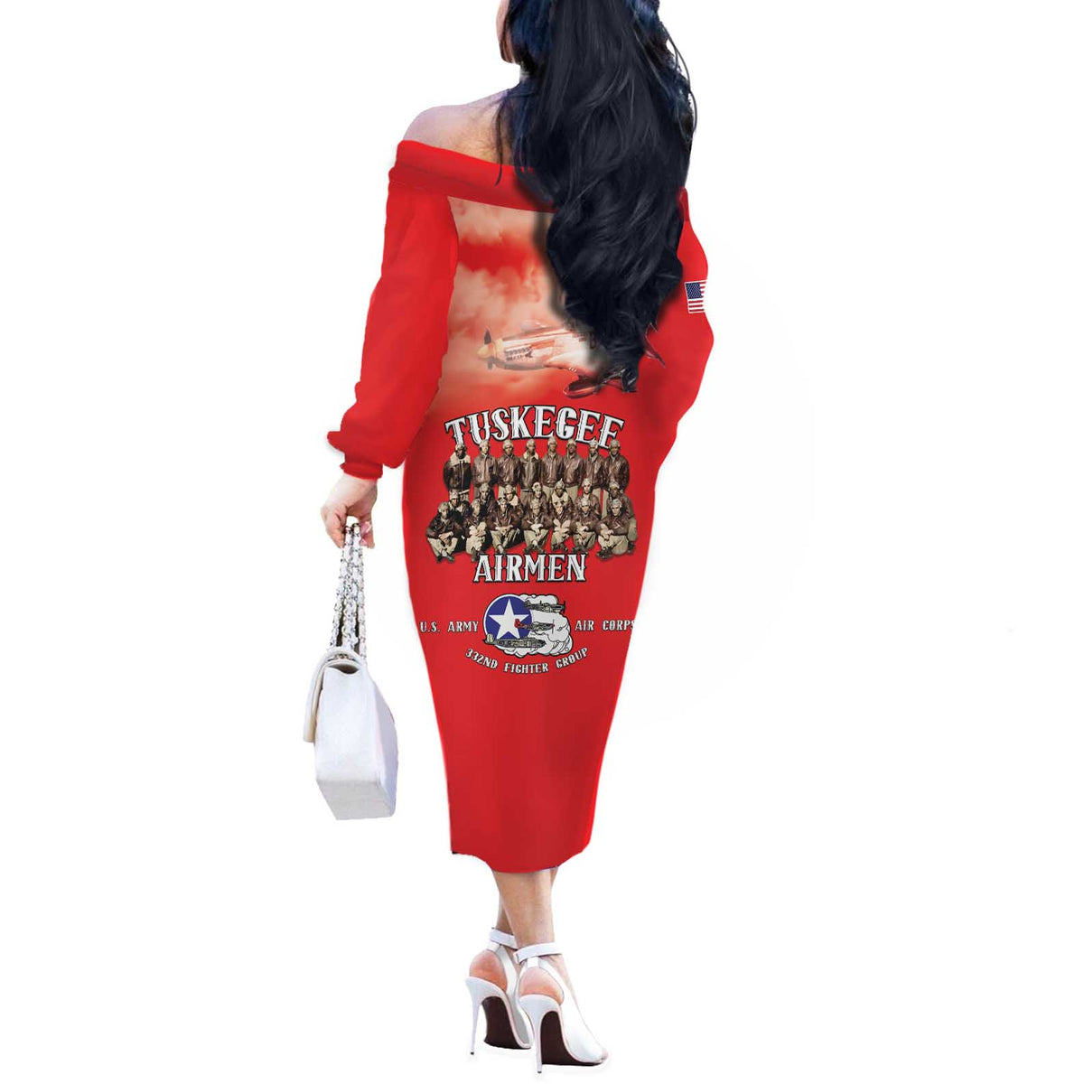Remembering Tuskegee Airmen Off The Shoulder Long Sleeve Dress Heroes of the 332nd Squadron Red Art - Wonder Print Shop