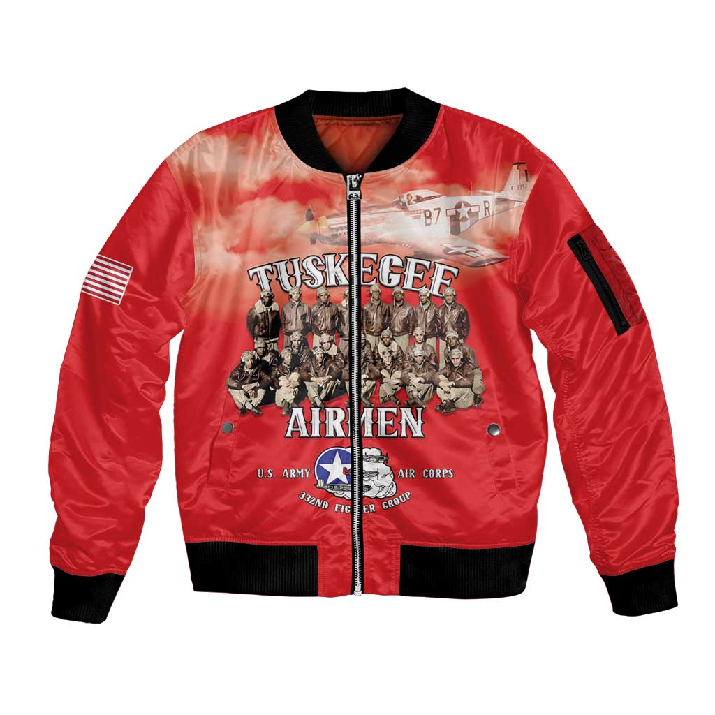 Remembering Tuskegee Airmen Sleeve Zip Bomber Jacket Heroes of the 332nd Squadron Red Art - Wonder Print Shop