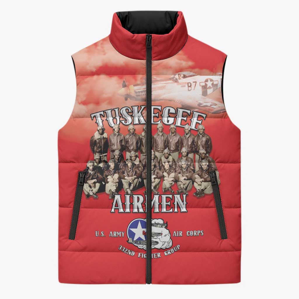 Remembering Tuskegee Airmen Sleeveless Puffer Jacket Heroes of the 332nd Squadron Red Art - Wonder Print Shop