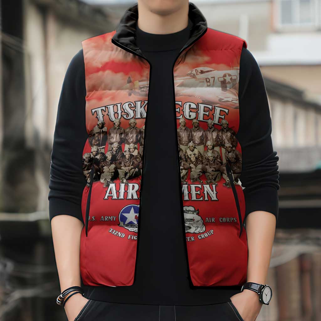Remembering Tuskegee Airmen Sleeveless Puffer Jacket Heroes of the 332nd Squadron Red Art - Wonder Print Shop