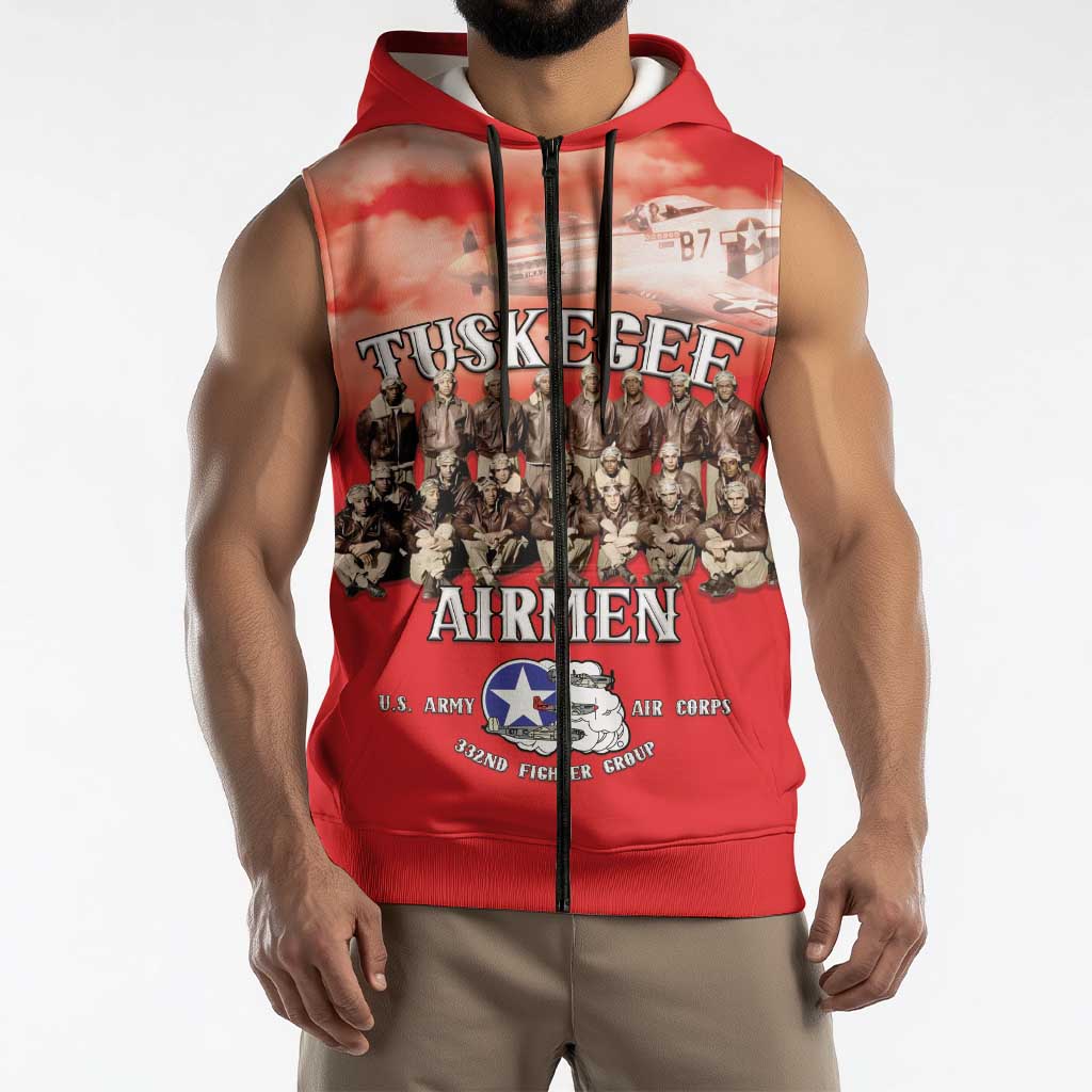 Remembering Tuskegee Airmen Sleeveless Zip Hoodie Heroes of the 332nd Squadron Red Art - Wonder Print Shop