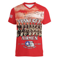 Remembering Tuskegee Airmen Women V-Neck T-Shirt Heroes of the 332nd Squadron Red Art - Wonder Print Shop