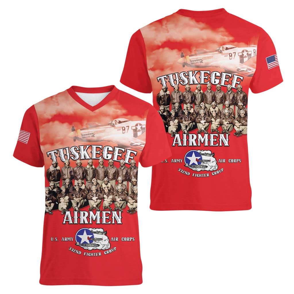 Remembering Tuskegee Airmen Women V-Neck T-Shirt Heroes of the 332nd Squadron Red Art - Wonder Print Shop