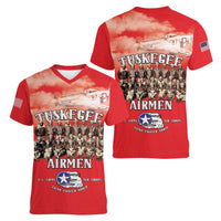 Remembering Tuskegee Airmen Women V-Neck T-Shirt Heroes of the 332nd Squadron Red Art - Wonder Print Shop