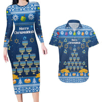 Personalised Jewish Hanukkah Xmas Couples Matching Long Sleeve Bodycon Dress and Hawaiian Shirt Merry Chrismukkah - Wonder Print Shop