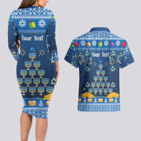 Personalised Jewish Hanukkah Xmas Couples Matching Long Sleeve Bodycon Dress and Hawaiian Shirt Merry Chrismukkah - Wonder Print Shop