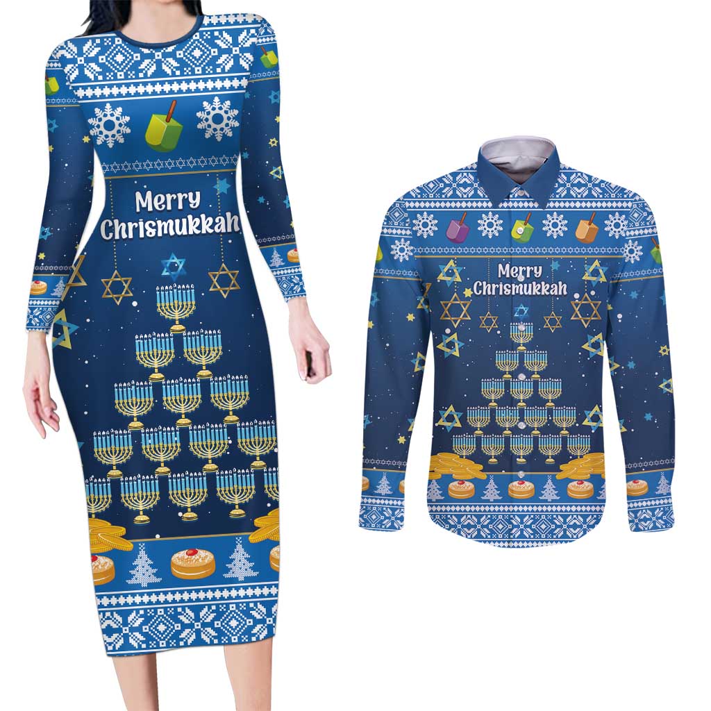 Personalised Jewish Hanukkah Xmas Couples Matching Long Sleeve Bodycon Dress and Long Sleeve Button Shirt Merry Chrismukkah - Wonder Print Shop