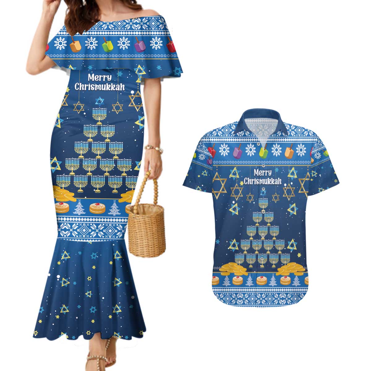 Personalised Jewish Hanukkah Xmas Couples Matching Mermaid Dress and Hawaiian Shirt Merry Chrismukkah - Wonder Print Shop