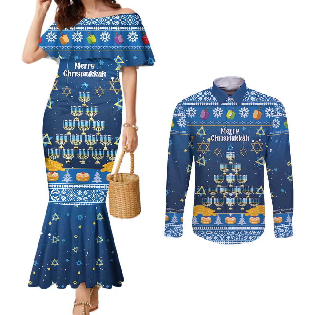 Personalised Jewish Hanukkah Xmas Couples Matching Mermaid Dress and Long Sleeve Button Shirt Merry Chrismukkah