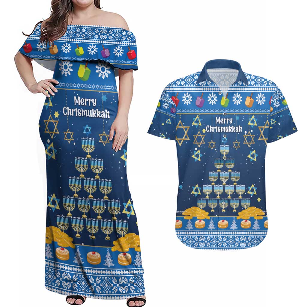 Personalised Jewish Hanukkah Xmas Couples Matching Off Shoulder Maxi Dress and Hawaiian Shirt Merry Chrismukkah - Wonder Print Shop