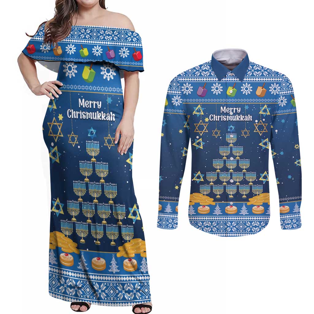 Personalised Jewish Hanukkah Xmas Couples Matching Off Shoulder Maxi Dress and Long Sleeve Button Shirt Merry Chrismukkah - Wonder Print Shop