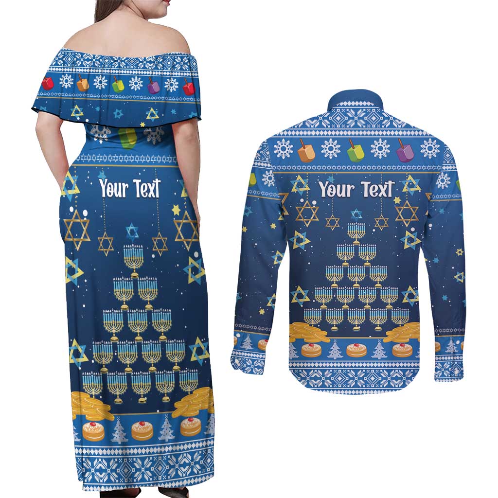 Personalised Jewish Hanukkah Xmas Couples Matching Off Shoulder Maxi Dress and Long Sleeve Button Shirt Merry Chrismukkah - Wonder Print Shop