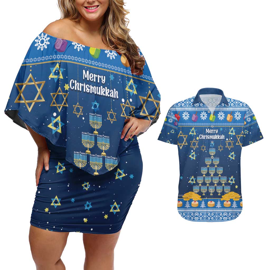 Personalised Jewish Hanukkah Xmas Couples Matching Off Shoulder Short Dress and Hawaiian Shirt Merry Chrismukkah - Wonder Print Shop