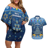 Personalised Jewish Hanukkah Xmas Couples Matching Off Shoulder Short Dress and Hawaiian Shirt Merry Chrismukkah - Wonder Print Shop