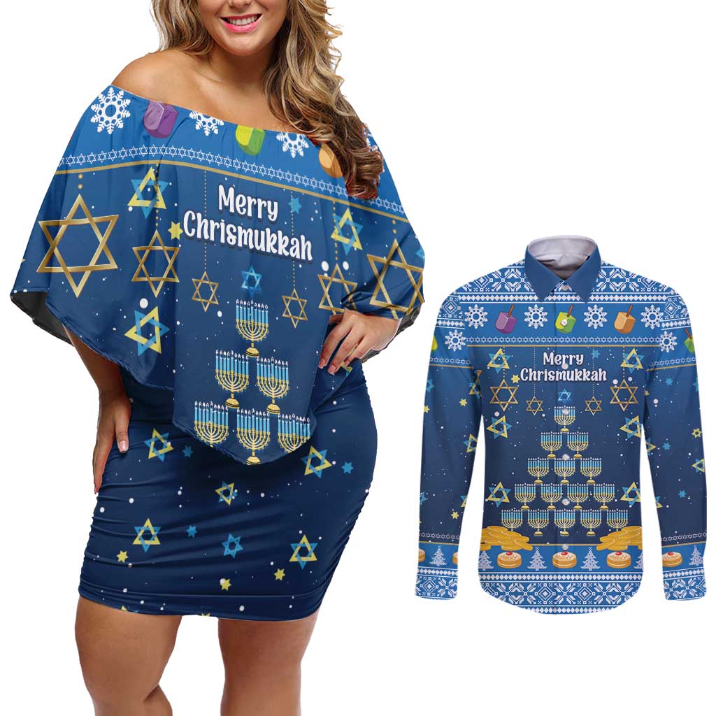 Personalised Jewish Hanukkah Xmas Couples Matching Off Shoulder Short Dress and Long Sleeve Button Shirt Merry Chrismukkah - Wonder Print Shop