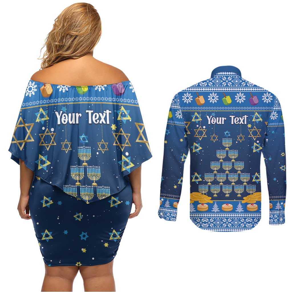 Personalised Jewish Hanukkah Xmas Couples Matching Off Shoulder Short Dress and Long Sleeve Button Shirt Merry Chrismukkah - Wonder Print Shop