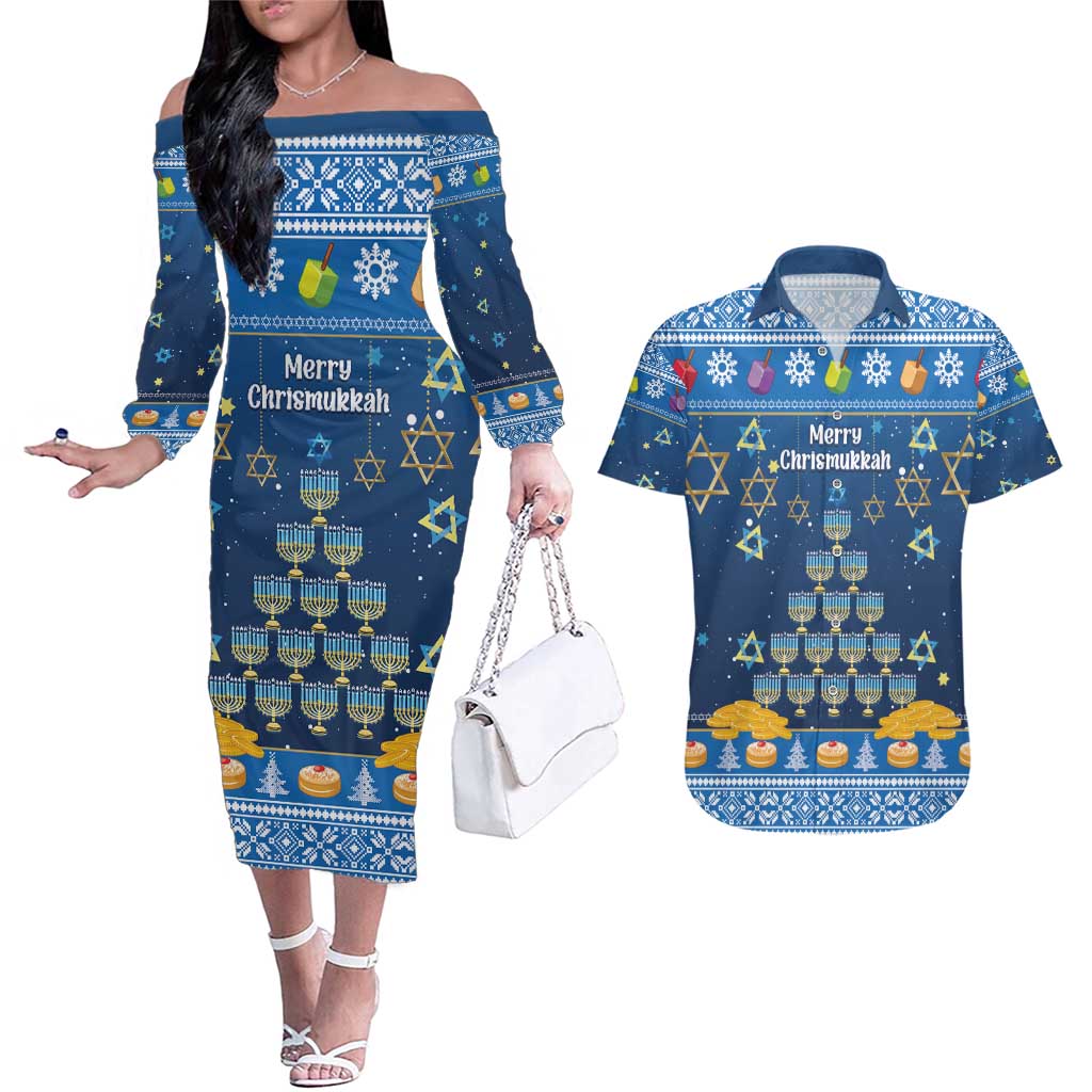 Personalised Jewish Hanukkah Xmas Couples Matching Off The Shoulder Long Sleeve Dress and Hawaiian Shirt Merry Chrismukkah - Wonder Print Shop